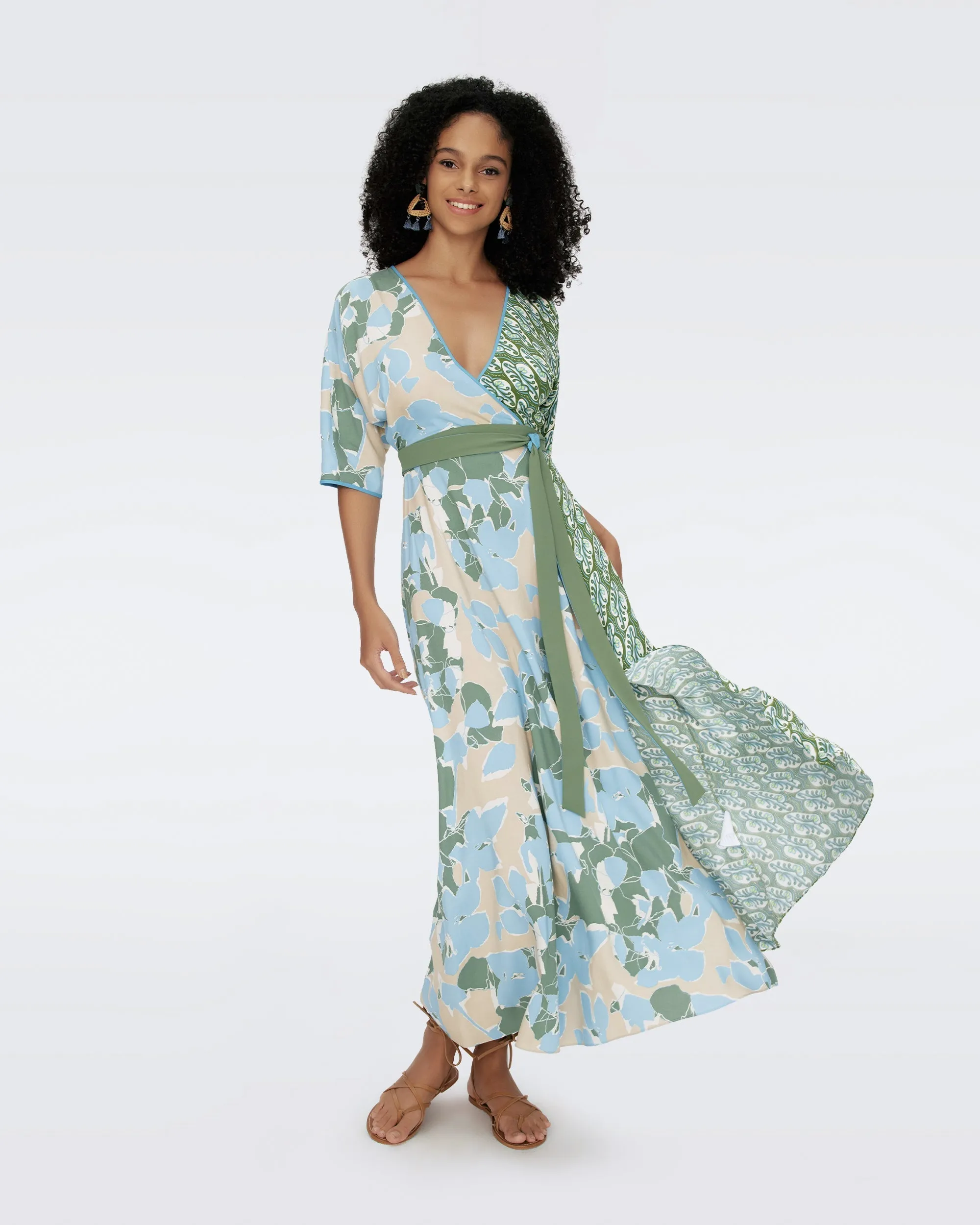 DVFELOISE MAXI TWO DRESS EARTH FLORAL MULTI CERULEAN SEEDLING