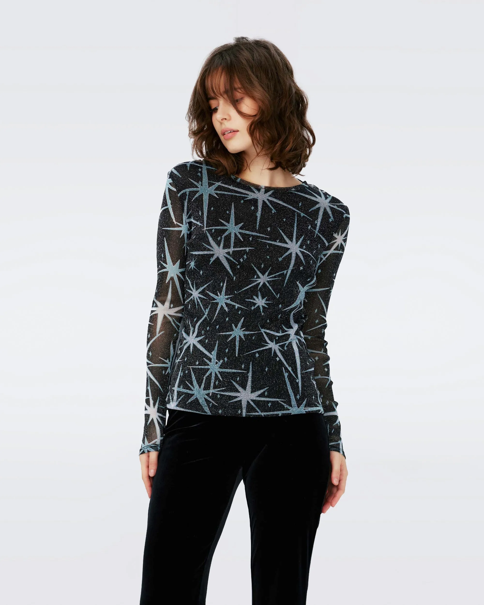 LOGAN METALLIC MESH TOP IN HUGE MAGIC STARS BLUE