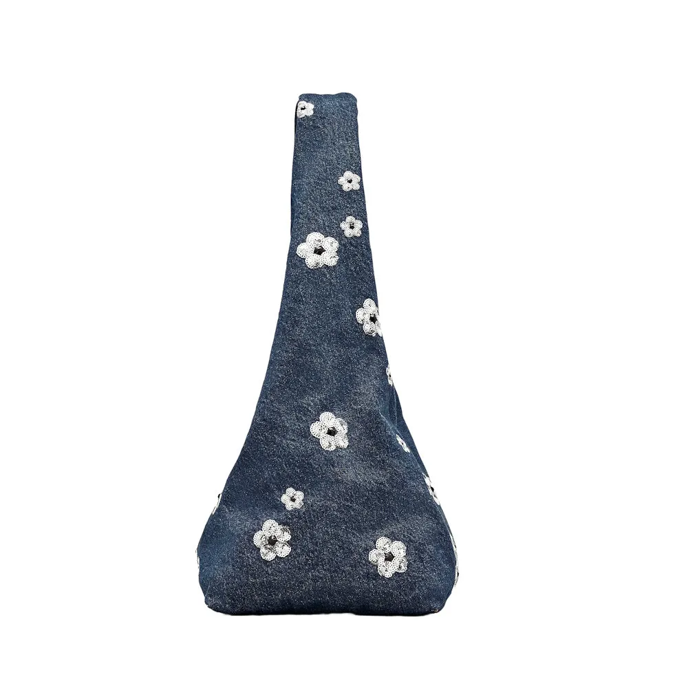 THE SEQUIN DAISY DENIM SACK BAG